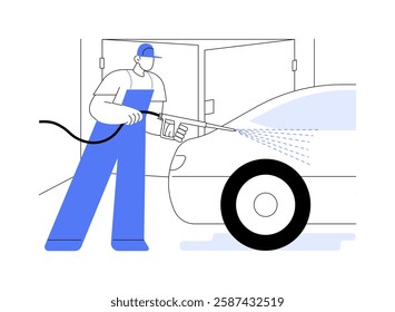 Manual car wash isolated cartoon vector illustrations. Man cleaning car at self-service car wash, holding the hose, small business, vehicle maintenance, wet automobile, transport vector cartoon.