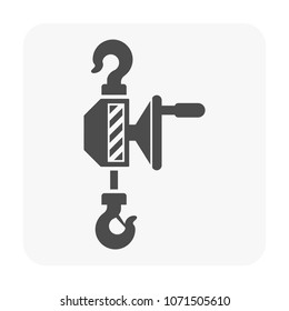 Manual chain hoist or steel chain block hoist vector icon. Lifting equipment include pulley, hook, lever, trolley, mechanical for factory, construction site, garage, workshop, warehouse and dock.