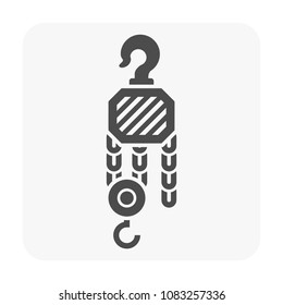 Manual chain hoist or steel chain block hoist vector icon. Lifting equipment include pulley, hook, lever, trolley, mechanical for factory, construction site, garage, workshop, warehouse and dock.