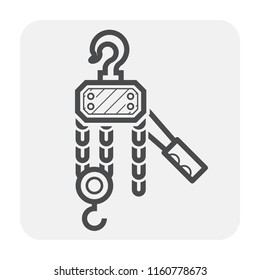 Manual chain hoist or steel chain block hoist vector icon. Lifting equipment include pulley, hook, lever, trolley, mechanical for factory, construction site, garage, workshop, warehouse and dock.