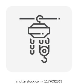 Manual chain hoist , steel chain block hoist vector icon. Lifting equipment include pulley, hook, lever, trolley, mechanical for factory, construction site, garage, workshop, warehouse, dock. 64x64 px
