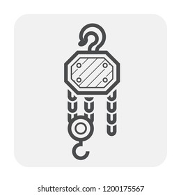 Manual chain hoist or steel chain block hoist vector icon. Lifting equipment include pulley, hook, lever, trolley, mechanical for factory, construction site, garage, workshop, warehouse and dock.