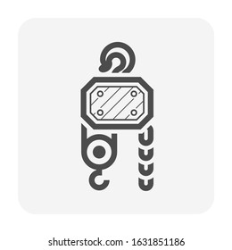 Manual chain hoist or steel chain block hoist vector icon. Lifting equipment include pulley, hook, lever, trolley and mechanical for factory, construction site, garage, workshop, warehouse and dock.