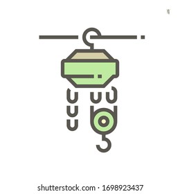 Manual chain hoist , steel chain block hoist vector icon. Lifting equipment include pulley, hook, lever, trolley, mechanical for factory, construction site, garage, workshop, warehouse, dock. 64x64 px