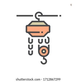 Manual chain hoist , steel chain block hoist vector icon. Lifting equipment include pulley, hook, lever, trolley, mechanical for factory, construction site, garage, workshop, warehouse, dock. 64x64 px