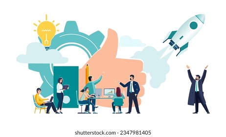 Manual class. Good start. Business, business people work in the office, develop new technologies. Teamwork brainstorming. Rocket launch, businessmen, idea. Thumbs up symbol as concept illustration