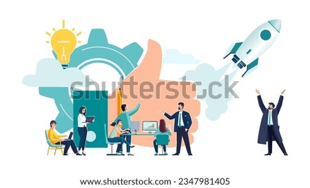 Manual class. Good start. Business, business people work in the office, develop new technologies. Teamwork brainstorming. Rocket launch, businessmen, idea. Thumbs up symbol as concept illustration