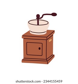 Manual coffee bean grinder with handle. Wooden kitchen appliance, tool for fresh coffe grinding. Vintage kitchenware. Flat vector illustration isolated on white background