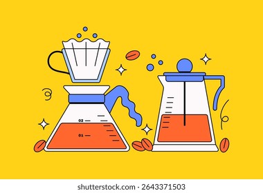 Manual coffee brewing methods including pour-over and French press in cartoon illustration playful for café graphics, barista content, coffee culture blogs, and beverage branding graphic