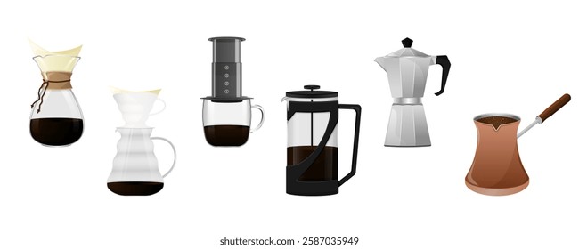 Manual coffee brewing methods. Set of coffee makers for coffee shops, cafes, and restaurants. Pour over, french press, cezve, aeropress. Vector illustration isolated on white background.