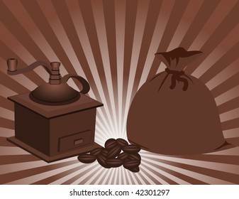 Manual coffee grinder and a bag of coffee beans