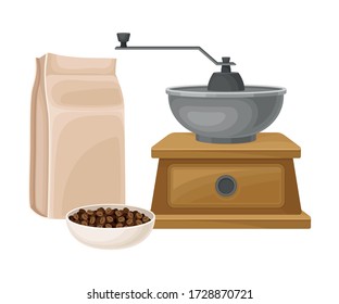 Manual Coffee Grinder with Beans in Bowl and Paper Bag Vector Illustration
