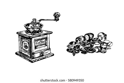 Manual coffee grinder and coffee beans with nuts on white background. Vector illustration. Ink line draw vector. Drawing engraving illustration
