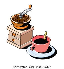 Manual coffee grinder, cup with coffee. Vector 3d sketch line isometric, color icon illustration, flat style. Creative design idea and elements for infographics and website.
