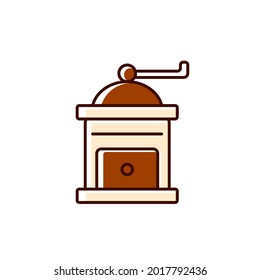 Manual coffee grinder flat icon. Professional technology for beans processing. Color filled symbol. Isolated vector stock illustration