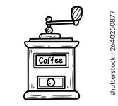 Manual coffee grinder. Hand drawn doodle vector. Cafe equipment. Retro home appliances. Grinding beans. Wooden object. Brewing drink. Beverage espresso. Illustration line art element.