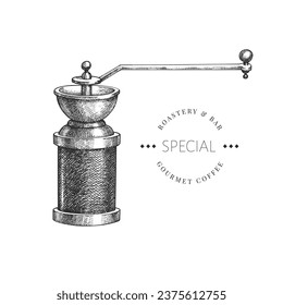 Manual Coffee Grinder Illustration. Vector Hand Drawn Isolated Mill. Vintage Style Coffee Equipment 