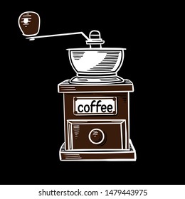 Manual coffee grinder. Imitation of chalky drawing on a black background, for menu decoration. Isolated vector illustration.