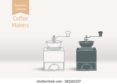 Manual coffee grinder isolated on background. For web, poster, menu, cafe.