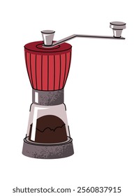 Manual coffee grinder. Modern equipment for grinding coffee beans. Device for making coffee drinks. Flat vector illustrations isolated on white background