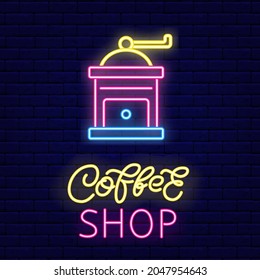 Manual coffee grinder neon light icon. Coffee shop brush lettering. Night bright signboard. Outer glowing effect banner. Editable stroke. Vector stock illustration