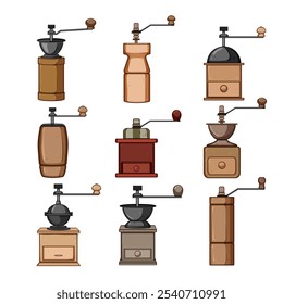 Conjunto de molinillo de café manual de dibujos animados. Cerámica ajustable, acero compacto, muestra de molinillo de café manual de precisión de viaje. símbolo aislado Ilustración vectorial