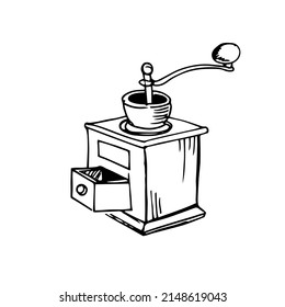 Manual coffee grinder thin black lines on a white background - Vector illustration