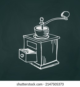 Manual coffee grinder thin white lines on a textured dark background - Vector illustration
