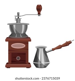 A manual coffee grinder and a turk for brewing coffee, isolated on a white background.Retro vector illustration for coffee shops,restaurants.