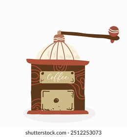 Manual Coffee Grinder with Wooden Case and Roasted Coffee Beans Vector Illustration