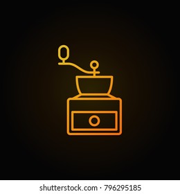Manual coffee grinder yellow icon on dark background. Vector concept outline symbol or logo element