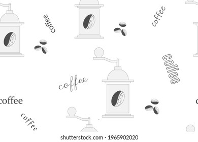 manuelle Kaffeemühle, Kaffeebohnen, kalligraphische Inschrift.Nahtlose Muster auf weißem Hintergrund.Vektorgrafik.