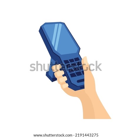 Manual data collection terminal in hand for inventory in a warehouse, inventory control, barcode scanner, qr-codes, isolated Laser scanner of a data collection terminal on a white background