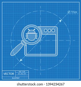 Manual debugging process, code development programming concept web blueprint vector icon. Elimination bugs from computer app illustration.