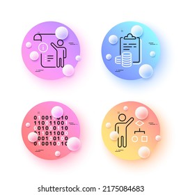 Manual doc, Accounting and Binary code minimal line icons. 3d spheres or balls buttons. Algorithm icons. For web, application, printing. Project info, Finance clipboard, Programming data. Vector