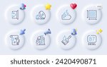 Manual doc, Brush and Diesel line icons. Buttons with 3d bell, chat speech, cursor. Pack of Exit, Square area, Gas price icon. Diesel station, Battery pictogram. For web app, printing. Vector