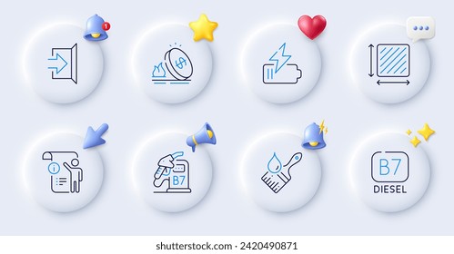 Manual doc, Brush and Diesel line icons. Buttons with 3d bell, chat speech, cursor. Pack of Exit, Square area, Gas price icon. Diesel station, Battery pictogram. For web app, printing. Vector