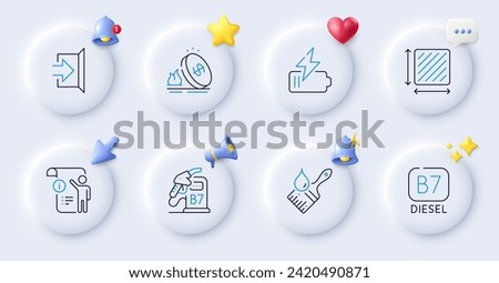 Manual doc, Brush and Diesel line icons. Buttons with 3d bell, chat speech, cursor. Pack of Exit, Square area, Gas price icon. Diesel station, Battery pictogram. For web app, printing. Vector