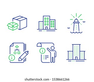 Manual doc, Buildings and Algorithm line icons set. Packing boxes, Lighthouse and University campus signs. Project info, Town apartments, Project. Delivery box. Industrial set. Vector