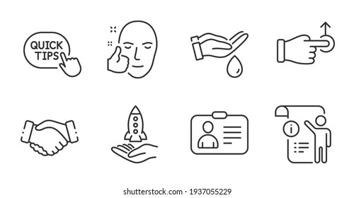Manual doc, Handshake and Quick tips icons set. Drag drop, Id card and Wash hands signs. Vector
