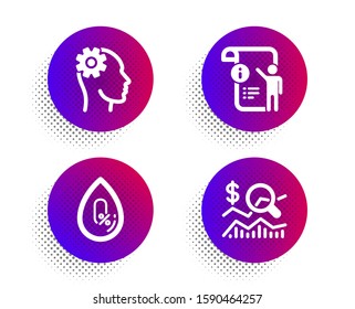 Manual doc, No alcohol and Engineering icons simple set. Halftone dots button. Check investment sign. Project info, Mineral oil, Cogwheel head. Business report. Science set. Vector