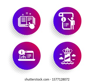 Manual doc, Online documentation and Technical documentation icons simple set. Halftone dots button. Lighthouse sign. Project info, Web engineering, Manual. Beacon tower. Industrial set. Vector