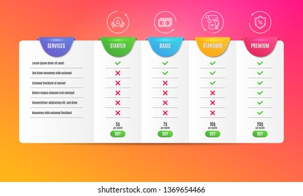 Manual doc, Payment and Business targeting icons simple set. Comparison table. Loan percent sign. Project info, Finance, People and target aim. Protection shield. Business set. Pricing plan. Vector