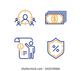 Manual doc, Payment and Business targeting icons simple set. Loan percent sign. Project info, Finance, People and target aim. Protection shield. Business set. Linear manual doc icon. Vector