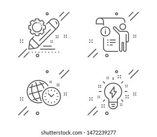 Manual doc, Project edit and Time management line icons set. Inspiration sign. Project info, Settings, World clock. Creativity. Education set. Line manual doc outline icon. Vector
