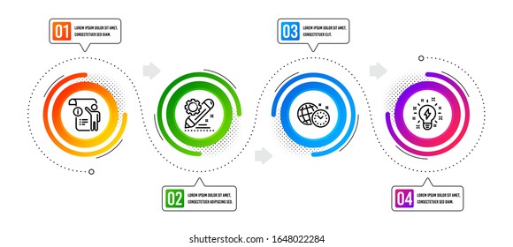 Manual doc, Project edit and Time management line icons set. Infographic timeline. Inspiration sign. Project info, Settings, World clock. Creativity. Education set. Vector