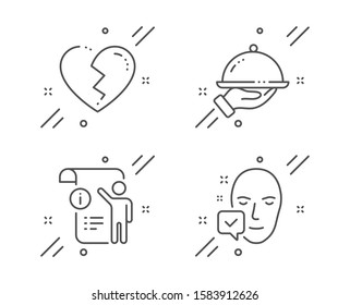 Manual doc, Restaurant food and Broken heart line icons set. Face accepted sign. Project info, Room service, Love end. Access granted. People set. Line manual doc outline icon. Vector
