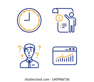 Manual doc, Support consultant and Time icons simple set. Website statistics sign. Project info, Question mark, Office clock. Data analysis. Science set. Linear manual doc icon. Colorful design set