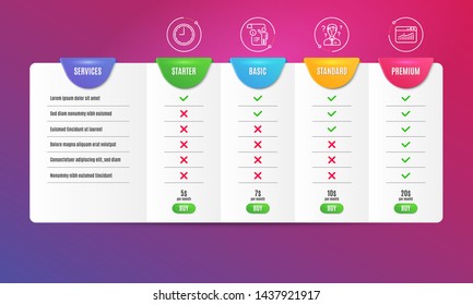 Manual doc, Support consultant and Time icons simple set. Comparison table. Website statistics sign. Project info, Question mark, Office clock. Data analysis. Science set. Pricing plan. Vector