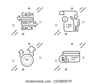 Manual doc, Time management and Cashback card line icons set. Payment method sign. Project info, Office clock, Money payment. Technology set. Line manual doc outline icon. Vector